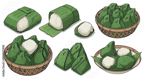 Sticky rice in banana leaves with woven baskets
