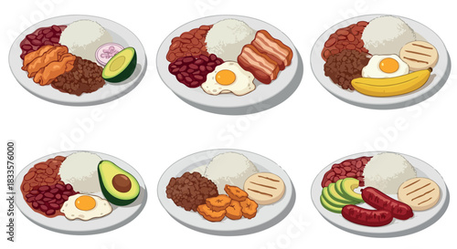 Breakfast plates with rice beans eggs and various sides