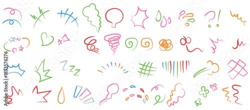 Hand Drawn Doodle Elements Collection on White Background featuring swirls sparkles explosions and other sketch icons for creative graphic design projects and illustrations