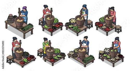 People preparing food in mortar and pestle