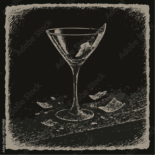 shattered elegance: a martini glass breaks in beige silence and scattered noir tension
