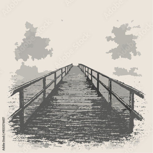 toward the quiet horizon: a wooden pier stretches into mist and monochrome memory
