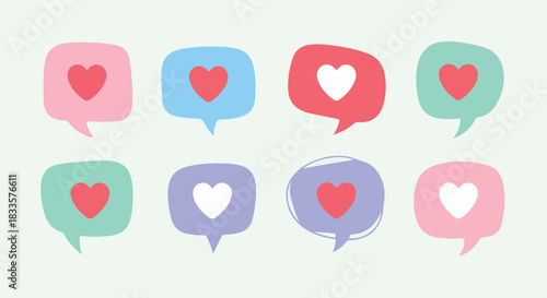Colorful speech bubbles with heart icons with transparent background