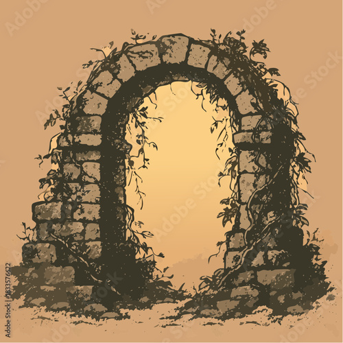 the forgotten threshold: vines climb an arched stone doorway beneath warm skies and whispered history