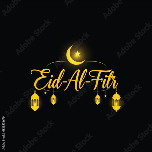 Eid Al Fitr Black Gold Greeting Calligraphy Lanterns