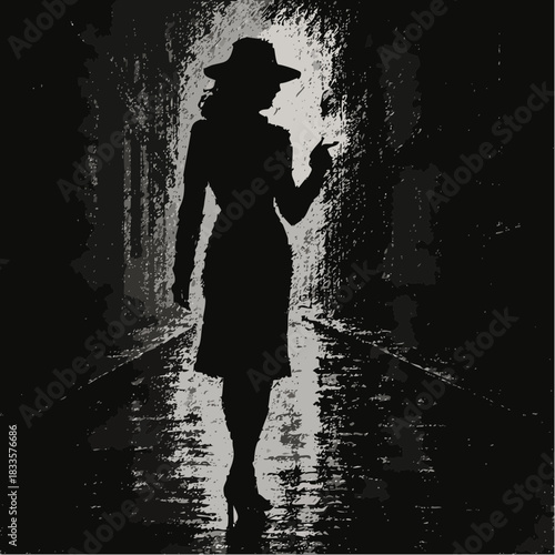smoke and shadow: a lone figure in a wide-brimmed hat stands in the wet alley’s monochrome hush