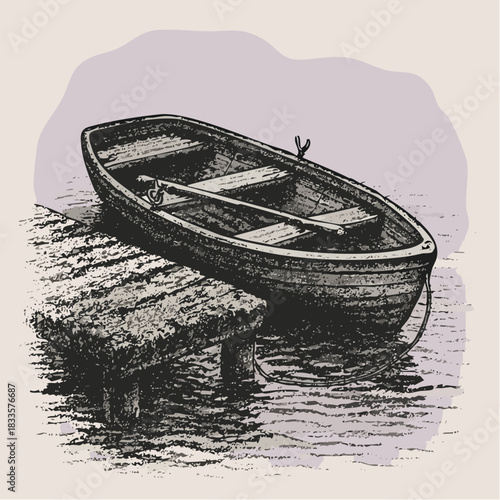 moored in memory: a wooden rowboat rests beside a weathered dock in sketchy sepia stillness