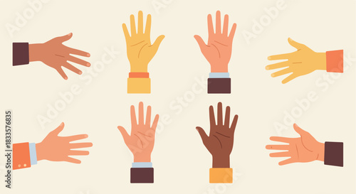 Diverse hands reaching out with different skin tones