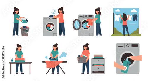 Laundry routine steps with woman doing chores