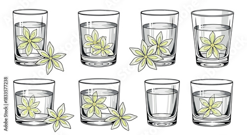 Glasses with jasmine flowers, refreshing summer drinks