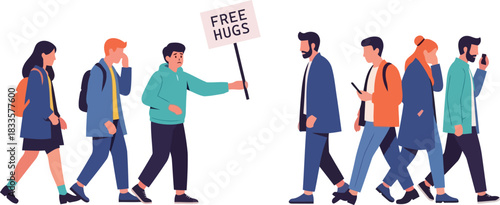 Man offering free hugs to indifferent pedestrians in a stylized illustration editable vector format for creative use
