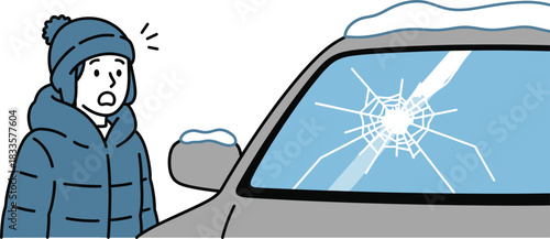 Man in winter clothes looking at a car with a cracked windshield covered in snow minimal clean vector