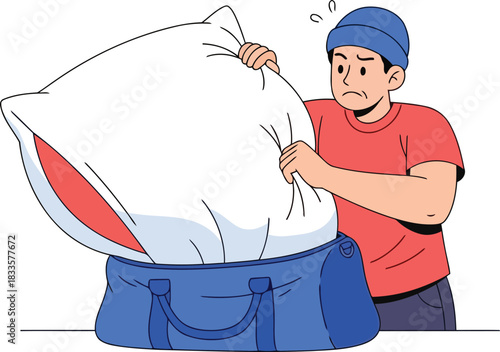Man struggling to fit a large pillow into a blue duffel bag with worried look flat vector artwork with solid colors
