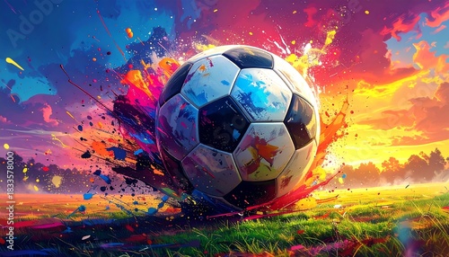 Vibrant soccer ball bursts forth in a colorful explosion of paint