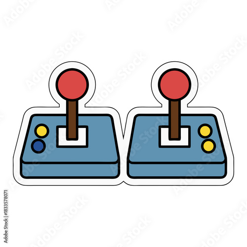 Two Vintage Blue Arcade Joysticks With Red Tops and Yellow Buttons on a White Background Representing Retro Gaming Nostalgia