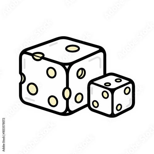 Two White Dice With Yellow Dots One Large One Small Isolated On Black Background
