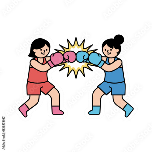 Two Women Boxing In Red And Blue Outfits And Gloves Facing Each Other In A Dynamic Stance With Energetic Impact Lines