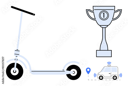 Innovation concepts. Innovation portrayed through electric scooter, trophy, and self-driving car with GPS. Innovation in technology, mobility, navigation, achievements, and smart systems