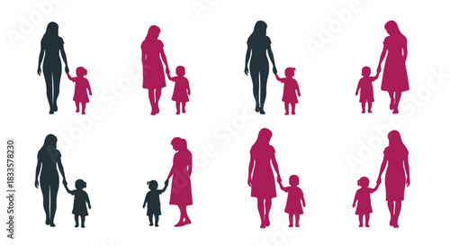 Mother and child walking silhouettes in various poses