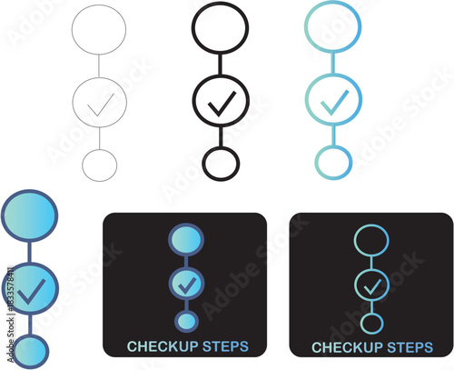 Set of minimalist infographic icons representing a completed step in a vertical process for task verification and progress