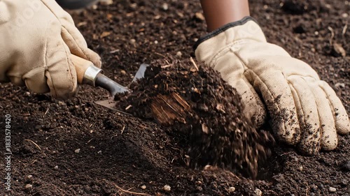 Wallpaper Mural Gardener Scooping Soil With Trowel Wearing Gloves Torontodigital.ca