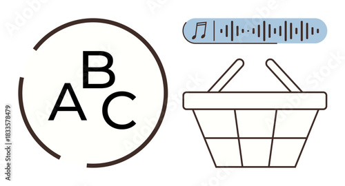 ABC letters in circle, shopping basket, and soundwave icon highlight learning, shopping, and sound. Ideal for communication, education, e-commerce, technology multimedia online services simple