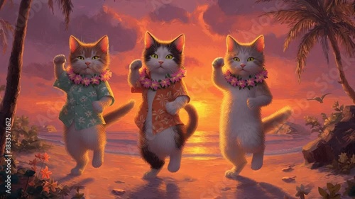 Three adorable anthropomorphic cats in Hawaiian shirts and leis dance on a tropical beach at a vibrant sunset.