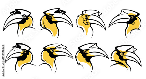 Hornbill head profiles in outline style with transparent background