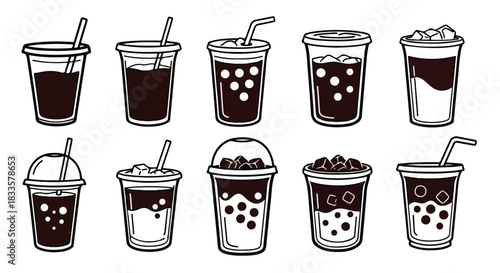 Bubble tea drinks collection in outline style