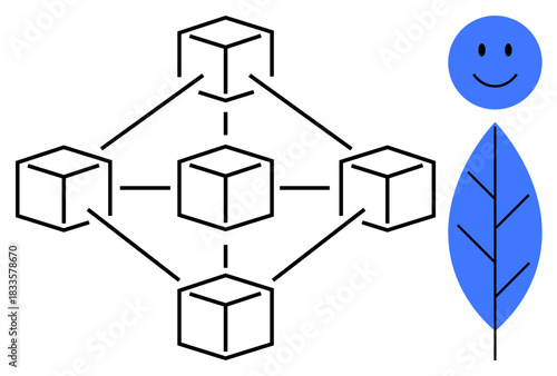 Blockchain concept. Blockchain interconnected nodes illustrate distributed networks and secure systems. Blockchain paired with eco-friendly symbol sustainability. For technology, finance