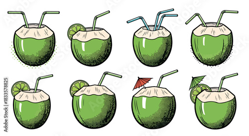 Coconut drinks with straws and lime slices