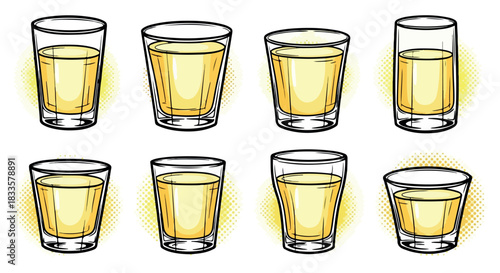 Shot glasses with golden liquid, multiple views