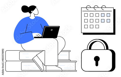 Woman seated on books using a laptop, next to a calendar and lock. Ideal for privacy, scheduling, productivity, learning, innovation, time-management self-improvement themes. Simple flat metaphor