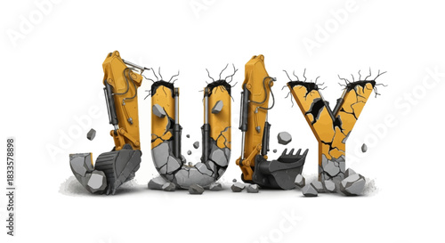 July Word Constructed with Excavators Breaking Apart Concrete Structure.