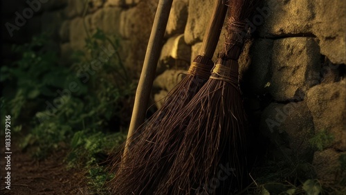 Two old brooms leaning against a stone wall
