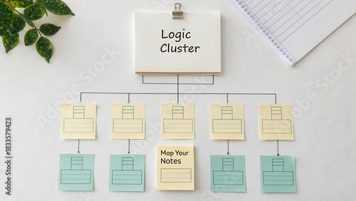Diagram of Logic Cluster and Paper Notes Organized on Tabletop