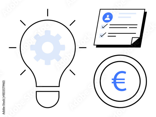 Light bulb with gear, applicant resume with checklist, and Euro coin. Ideal for creativity, process efficiency, recruitment, innovation, finance idea generation business insights. Simple flat