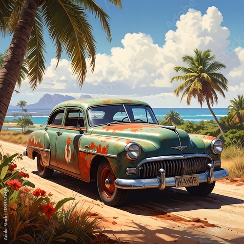 Vintage car on tropical road
