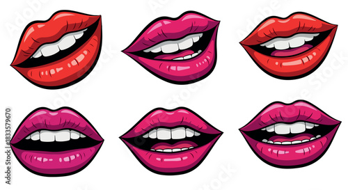 Smiling lips with different lipstick colors with transparent background