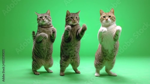 Three adorable domestic cats standing on their hind legs and dancing together in front of a green screen.