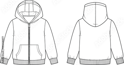 Children's Zip-up Hoodie Sweatshirt CAD Drawing Flat Vector Illustration Front and Back View Hooded Jumper Full Zipper Pouch Pocket Garment Template Fashion Design