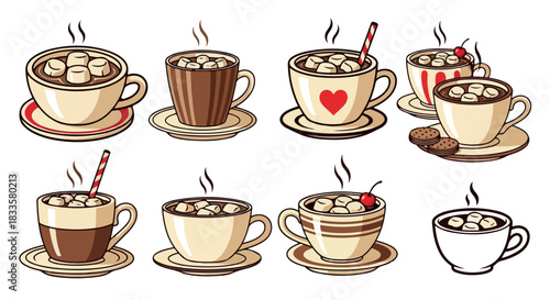 Hot cocoa cups with marshmallows and toppings