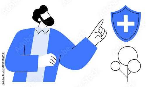 Healthcare, security services, identity protection, medical safety, personal health, insurance coverage. A man gestures toward a shield with a cross icon. Healthcare and security services concept