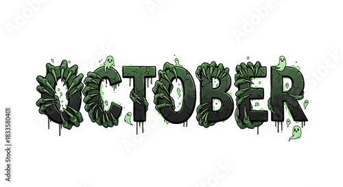 Halloween October Word Art with Cracked Stone Texture Green Slime and Creepy Claws.