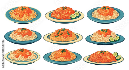 Spaghetti with tomato sauce and herbs on plates