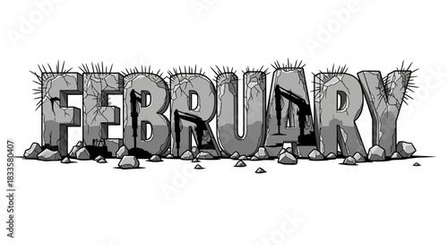 Cracked Stone February Text with Spikes and Construction Elements.