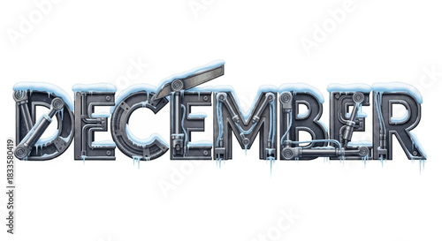 Robotic metallic lettering for the word December covered in thick snow and frozen icicles.