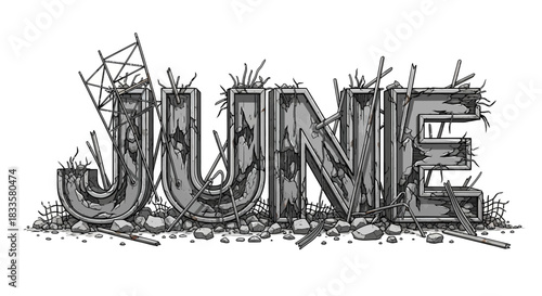 Stylized text June as a ruined concrete structure with exposed rebar and rubble.