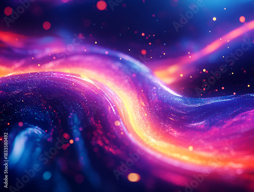 Abstract glowing neon galaxy background with swirling purple and orange light waves, magical cosmic energy flow texture, vibrant bokeh particles, dynamic futuristic motion backdrop for creative design