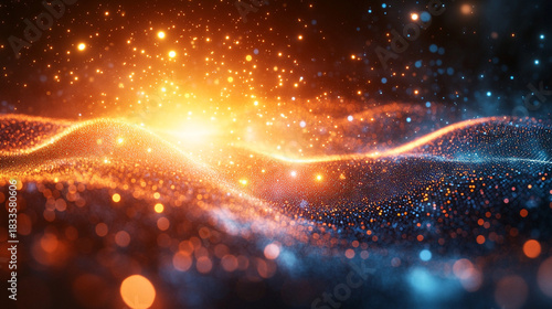 Abstract golden and blue glowing particle wave background with digital data flow texture, futuristic technology motion backdrop, dynamic energy light dots illustration for modern sci-fi design